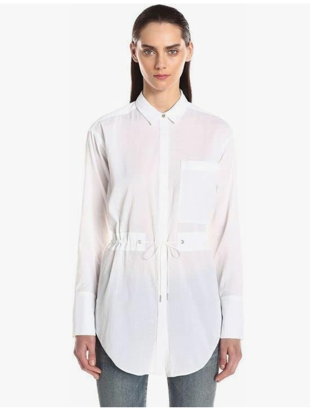 Helmut Lang Women's Belted Button Down White Crinkle Shirt Long Sleeve Size XS
